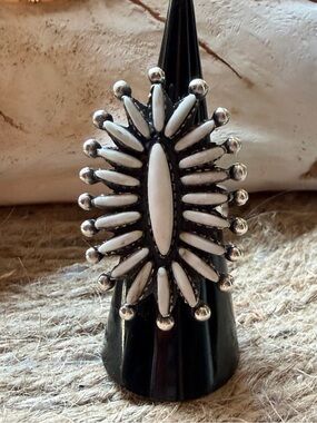 White Buffalo Stone Needle Sterling Silver Sunburst Statement Ring
